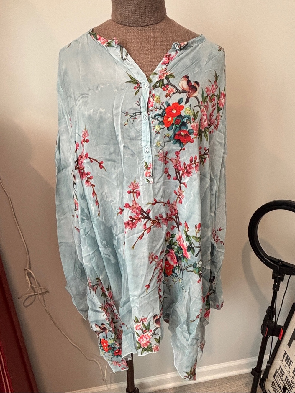 Johnny Was Light Blue Floral Satin Chemise with Bird & Blossom Print